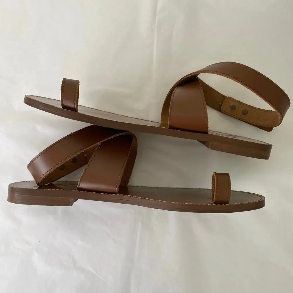 J.Crew Leather Ankle Wrap Flat Sandals Pecan Brown Size 10.5